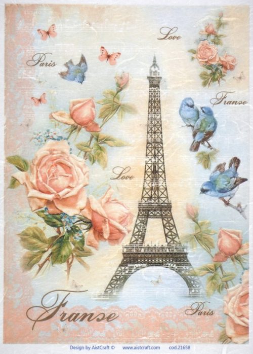 Rice Paper - Paris Eiffel Tower with Red Roses