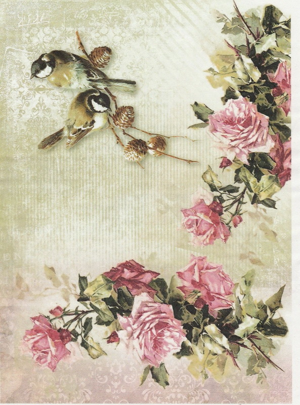 Rice Paper A/3 - Birds with Red Roses - Napkin Shop