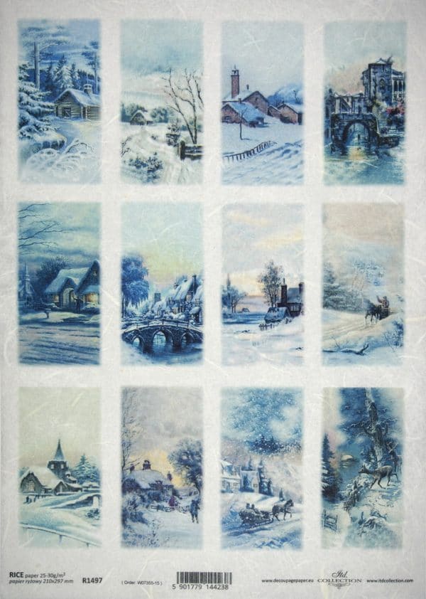 Rice Paper - Winter landscape tags blue - R1497