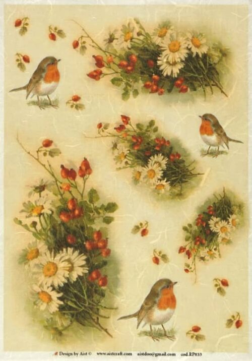 Vintage-style decoupage rice paper featuring illustrations of European Robins, white daisies, and red rose hips on a cream-coloured fibrous background.