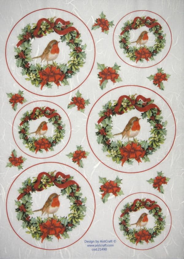 Rice Paper - Poinsettia with birds wreath