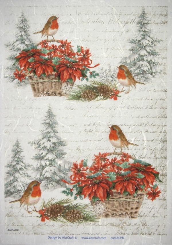Rice Paper - Poinsettia with birds