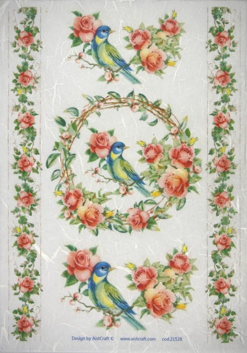 Rice Paper - Red roses, blue birds