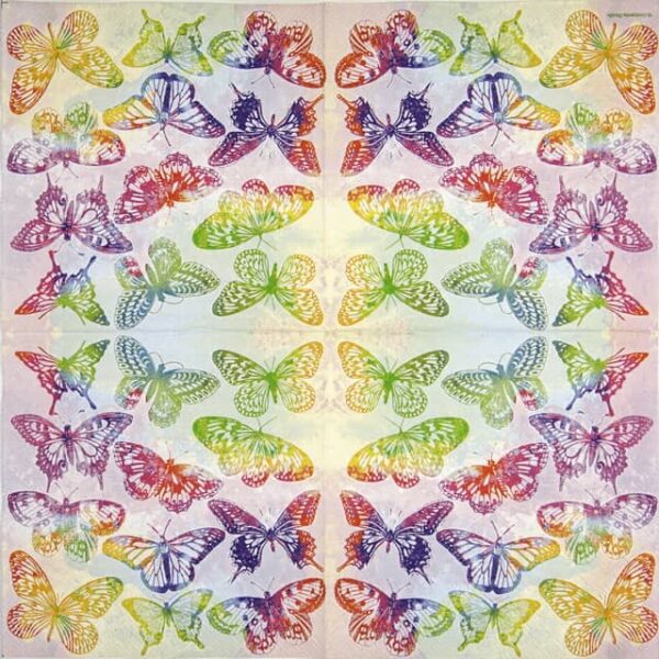 Colorful paper napkin featuring an array of diverse watercolor-style butterflies, ideal for decoupage. unfolded napkin