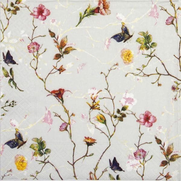 a napkin with flowers and butterflies