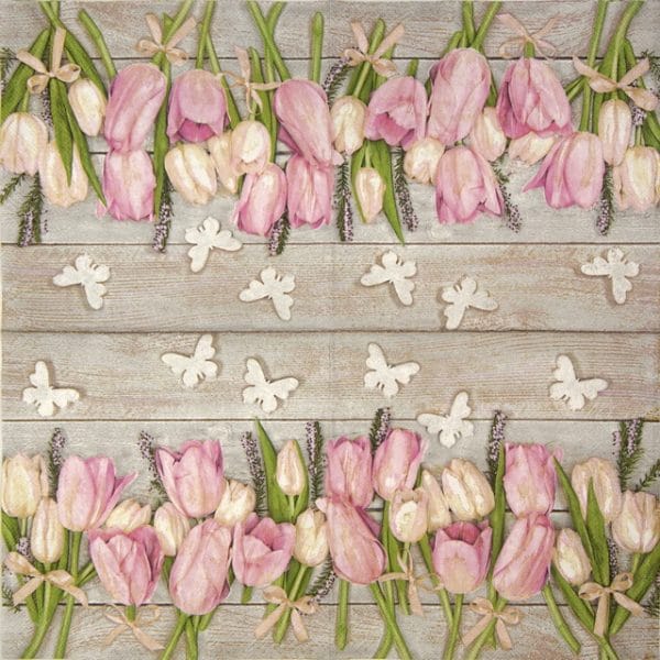 Lunch Napkins (20) - White and pink tulips on wood