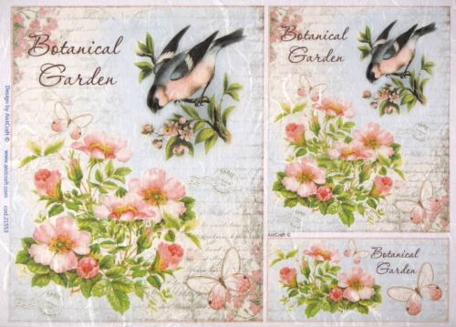 Vintage decoupage rice paper featuring 'Botanical Garden' scenes with pink roses, birds perched on branches, and butterflies on a scripted blue background.