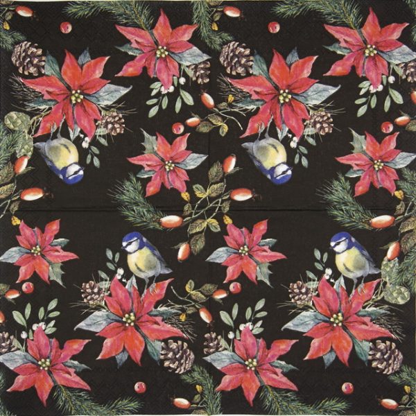 Paper Napkin -  Birds On Poinsettia Black - Image 2