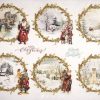 Vintage Christmas decoupage rice paper featuring Santa Claus and winter scenes in wreaths, ITD R1475