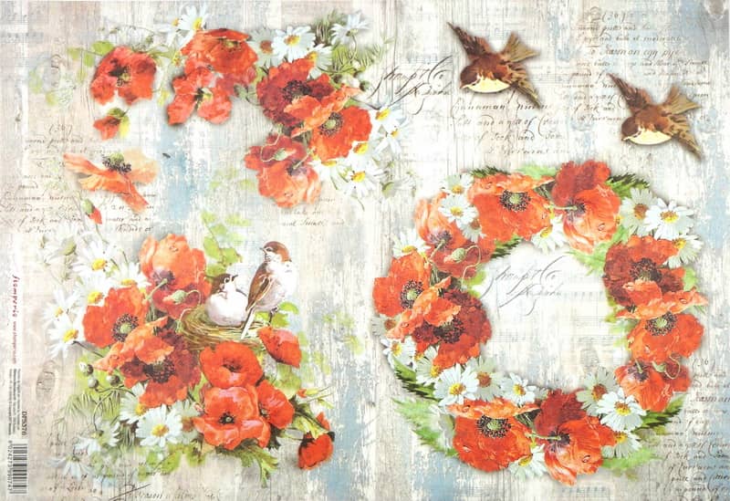 Rice Paper - Poppies and Birds