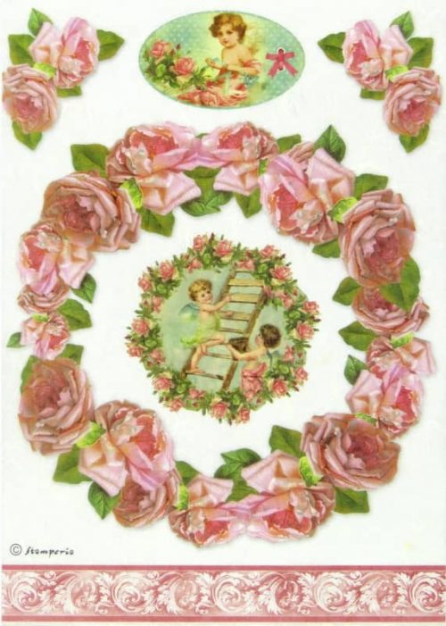 Stamperia A4 Decoupage Rice Paper - Bordure Rose and angels - DFSA4029