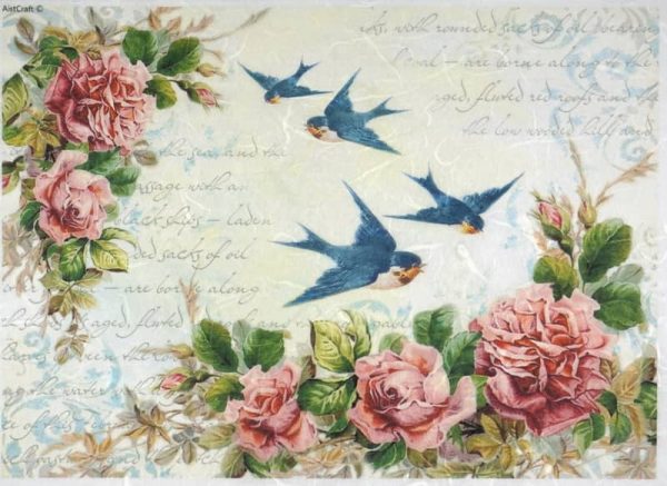 Rice Paper - Swallows and Red Roses