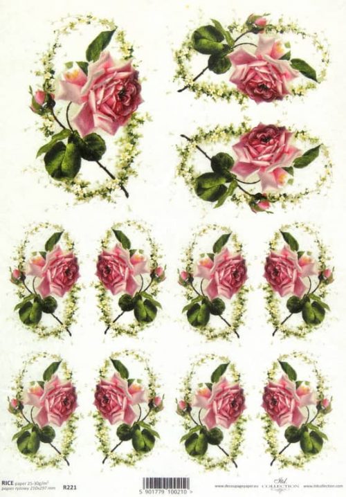 Rice Paper - Pink Roses in Flower Frame