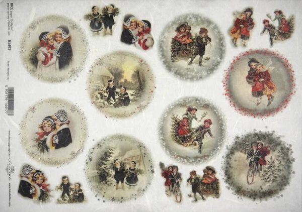 Rice Paper - Winter playing children red - R1491