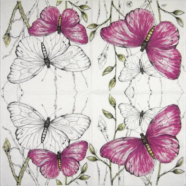 Paper Napkin - Colourful butterflies pink