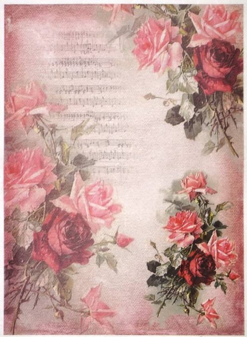 Rice Paper - Red roses on pink backgroun-