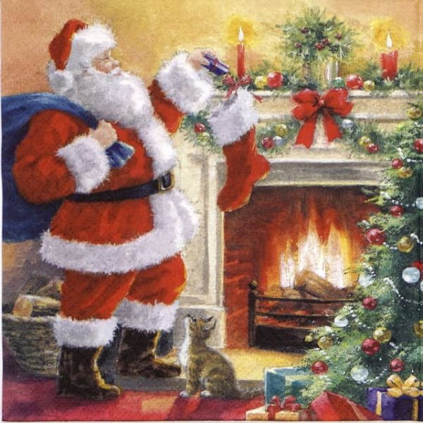 Paper Napkin - Santa Placing Presents in Stocking