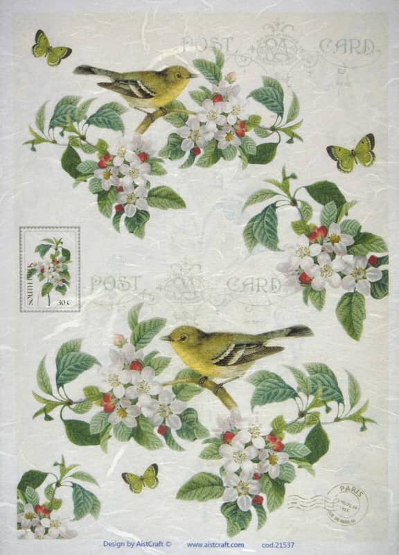 Rice Paper - Blossom and birds white