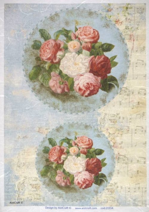 Rice Paper - Pink Roses on blue