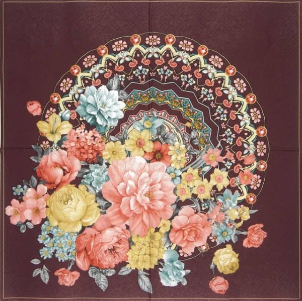 Paper Napkin - Bunch of Flowers with Mandala Dark Claret - Image 2