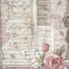 Vintage-style decoupage rice paper featuring a collage of aged sheet music with handwritten notes, faded pink roses, and scattered rose petals, evoking a romantic and antique aesthetic.