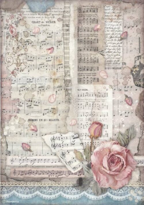 Vintage-style decoupage rice paper featuring a collage of aged sheet music with handwritten notes, faded pink roses, and scattered rose petals, evoking a romantic and antique aesthetic.