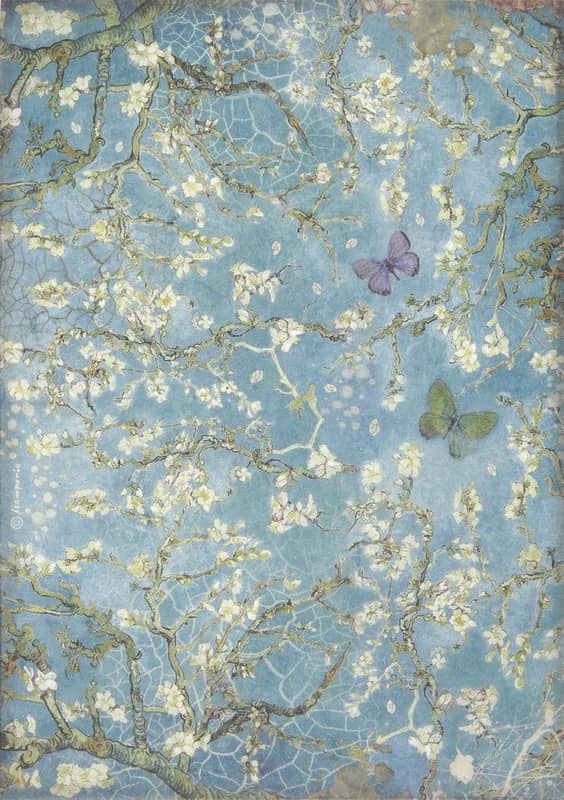 Rice Paper - Atelier Blossom blue background with butterfly