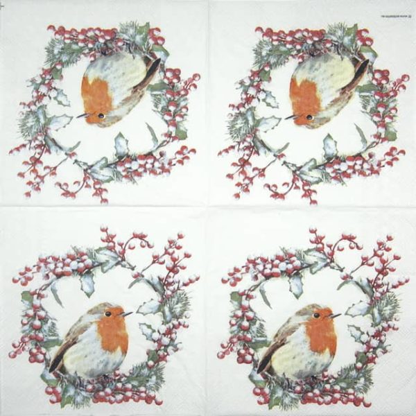 Cocktail Napkin - Robin In Wreath