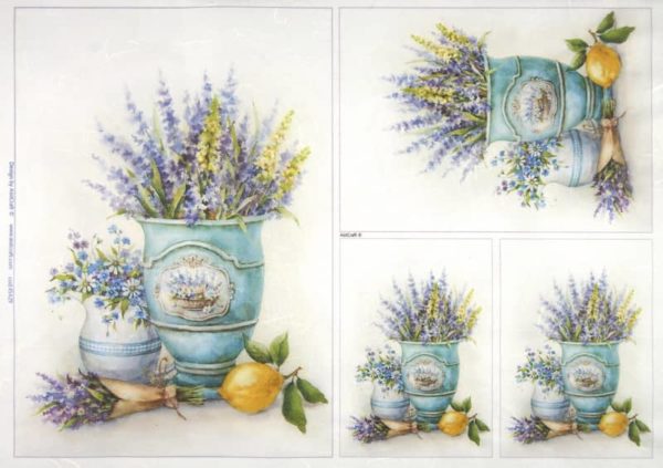 Rice Paper Lavenders in Blue Pots Small