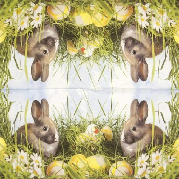 Paper napkin brown Easter rabbit in grass