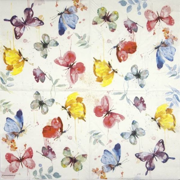 Paper napkin colorful butterflies on white background