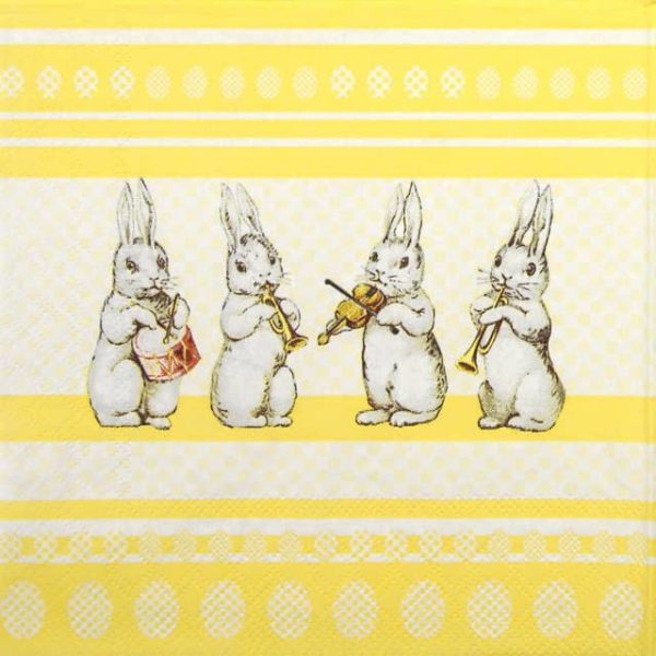 Paper napkin musical rabbits on a yellow background