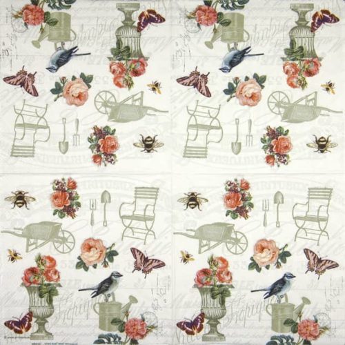 Paper Napkin with Garden Accessories, birds, butterflies roses