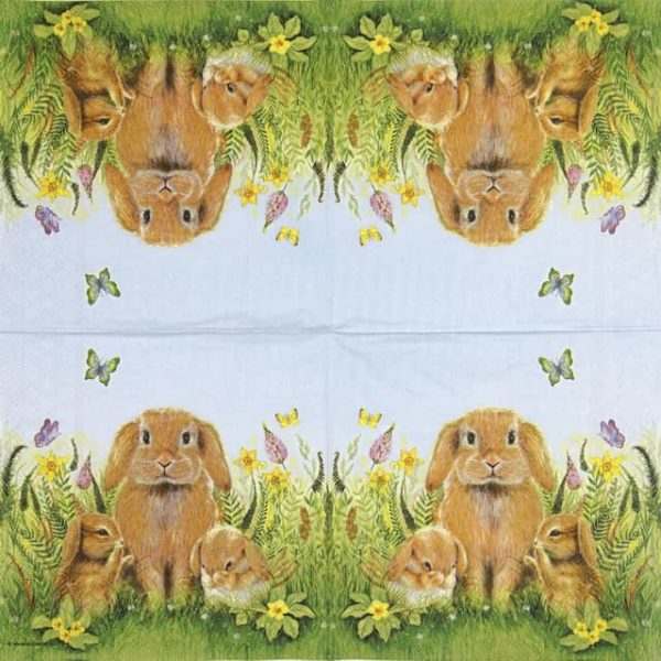 Paper napkin three rabbits in the garden