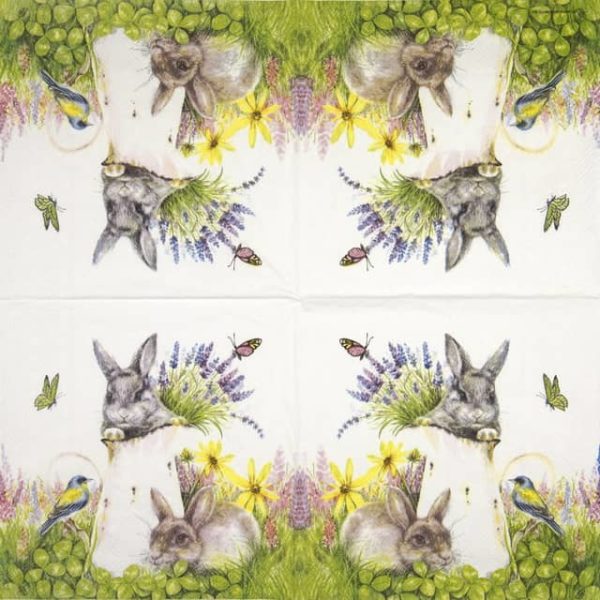 Paper napkin two rabbits in the flower garden