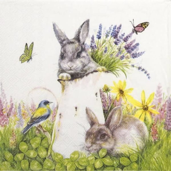 Paper napkin two rabbits in the flower garden