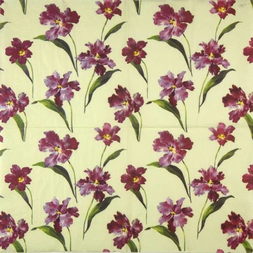 Paper napkin purple Irises on light green background