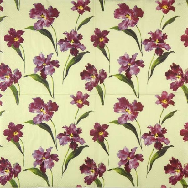 Paper napkin purple Irises on light green background