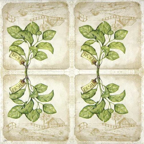 Paper Napkin Basil leaves and farm silhouette