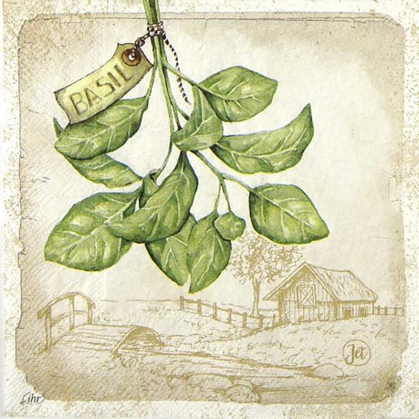 Paper Napkin Basil leaves and farm silhouette