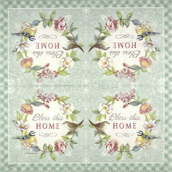Paper Napkin flower wreath with birds on turquoise base