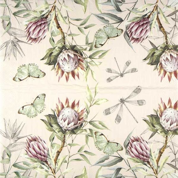 Paper napkin king protea with butterfly and dragonfly