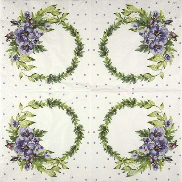 Paper Napkin purple pansy wreath with green leaves frame