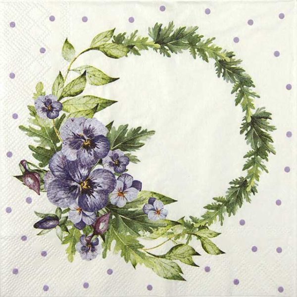 Paper Napkin purple pansy wreath with green leaves frame