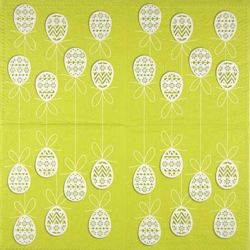 paper napkin hanging white easter eggs on apple green base
