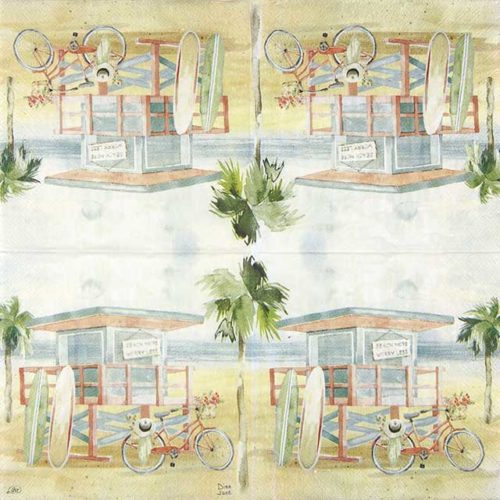 Paper Napkin paper with a seaside beach bungalow and bike