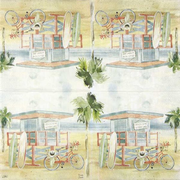 Paper Napkin paper with a seaside beach bungalow and bike