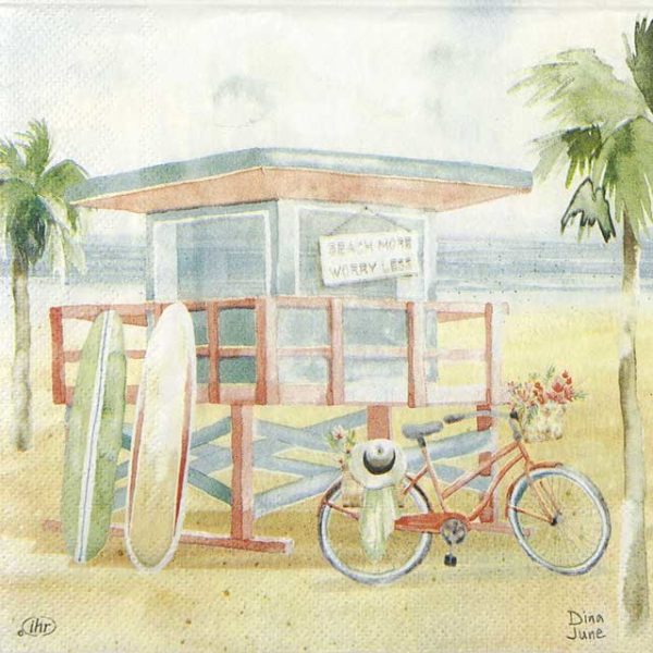 Paper Napkin paper with a seaside beach bungalow and bike