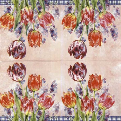 Paper napkin tulips on pink background