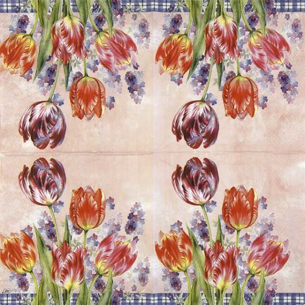 Paper napkin tulips on pink background